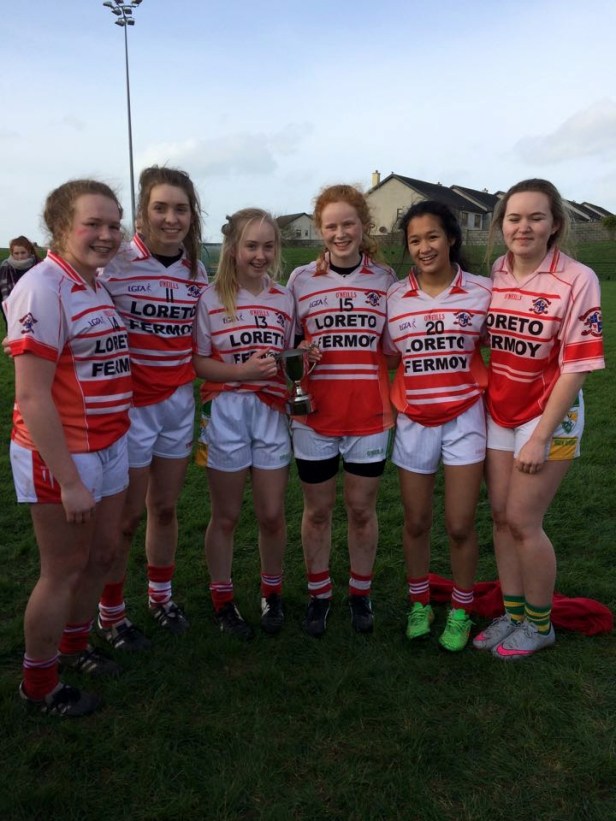 Left to right - Katie Quirke, Grace Culloty, Andrea Quinn O'Donovan, Siobhan O'Sullivan, Talitha O'Neill, Lucy Hicks celebrating Loreto's Munster Final Junior A Football win